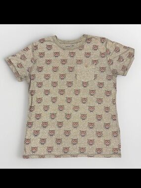 Creative Destruction Tiger Print Brown Short Sleeve Crew Neck T-Shirt Pocket L